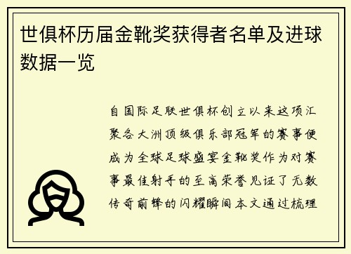 世俱杯历届金靴奖获得者名单及进球数据一览