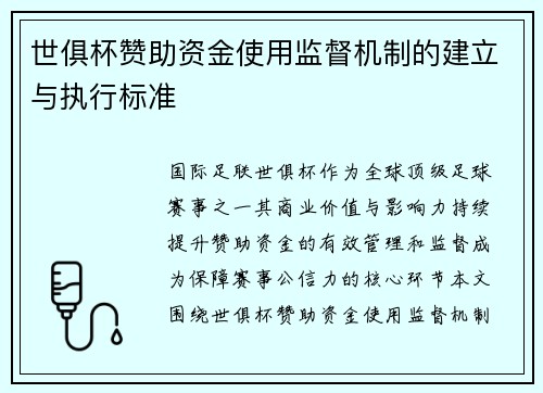 世俱杯赞助资金使用监督机制的建立与执行标准